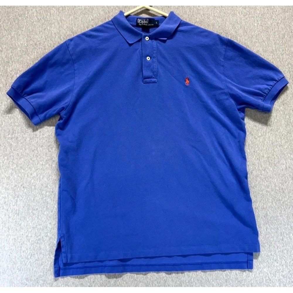 Polo Ralph Lauren Polo Shirt Mens L Blue Pony Logo Cotton Side Slit Golf Tennis
